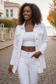 Kadın Beyaz Boyfriend Denim Oversize Taşlamalı Kot Ceket Uzun Kol Ceket 25KCKTD679 - 1