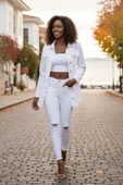 Kadın Beyaz Boyfriend Denim Oversize Taşlamalı Kot Ceket Uzun Kol Ceket 25KCKTD679 - 4