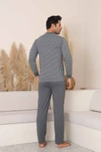 Erkek 3 Düğmeli Çizgili Desen %100 Pamuk Uzun Manşetli Kol Cepli Pijama Takımı - 10