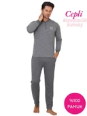 Erkek 3 Düğmeli Çizgili Desen %100 Pamuk Uzun Manşetli Kol Cepli Pijama Takımı - 3