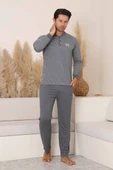 Erkek 3 Düğmeli Çizgili Desen %100 Pamuk Uzun Manşetli Kol Cepli Pijama Takımı - 2