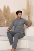 Erkek 3 Düğmeli Çizgili Desen %100 Pamuk Uzun Manşetli Kol Cepli Pijama Takımı - 9