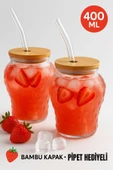 2 Adet Çilek Desenli 400 ml Borosilikat Cam Bardak – Bambu Kapaklı, Cam Pipet Hediyeli - 1