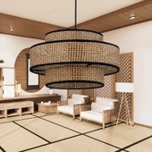 Otantik Trio Metal Kasalı Kahve Hasır Kaplama Rattan Salon Avize Üç Katlı Pasta Yatak Odası Sarkıt - 1