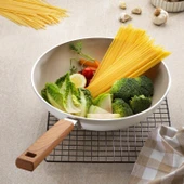Schafer Ceramoni Seramik Wok Tava 28 Cm Cam Kapaklı-Krem - 6