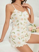 Kadın Ekru Çiçek Baskılı Şortlu Gecelik Pijama Takımı 5047 - 3