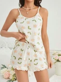Kadın Ekru Çiçek Baskılı Şortlu Gecelik Pijama Takımı 5047 - 1