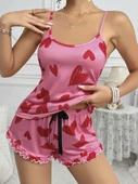 Kadın Pembe Kalp Baskılı Şortlu Gecelik Pijama Takımı 5050 - 3