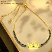 Burca Özel Taç Figürlü Mavi Taş Desenli Zincirli 14 Ayar Altın Plakalı Hediye Bileklik-466 thumbnail 1