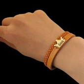 İsme Özel Taç Motifli Doğal Kahverengi Derili 14 Ayar Altın Plakalı Hediye Bileklik-467 thumbnail 3