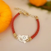 Harfe Özel 14 Ayar Altın Plakalı Kuş Figürlü Doğal Turuncu Derili Hediye Bileklik-468 thumbnail 1