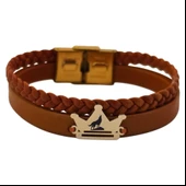 Sembole Özel Doğal Kahverengi Derili 14 Ayar Altın Plakalı Taç Motifli Hediye Bileklik-467 thumbnail 1