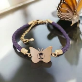 Sembole Özel Hakiki Mor Derili 14 Ayar Altın Plakalı Kelebek Motifli Hediye Bileklik-469 thumbnail 1