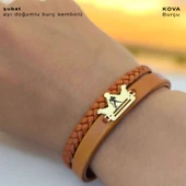 Burca Özel Taç Motifli Doğal Kahverengi Derili 14 Ayar Altın Plakalı Hediye Bileklik-467 thumbnail 3