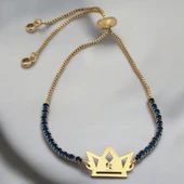 Sembole Özel Mavi Taş Desenli Zincirli 14 Ayar Altın Plakalı Taç Figürlü Hediye Bileklik-466 thumbnail 1