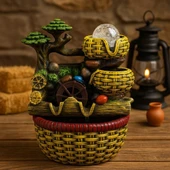 Değirmen Huzur Veren Su Sesi Şelale Hasır Sepet Yosun Efektli Süs Fıskiye LED Işıklı Ev Ofis Biblo M thumbnail 2