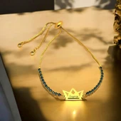 İsme Özel Taç Figürlü Mavi Taş Desenli Zincirli 14 Ayar Altın Plakalı Hediye Bileklik-466 thumbnail 1