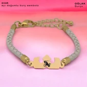 Burca Özel Taç Motifli Doğal Beyaz Derili 14 Ayar Altın Plakalı Hediye Bileklik-465 thumbnail 1