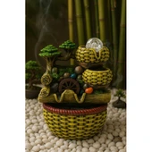 Değirmen Huzur Veren Su Sesi Şelale Hasır Sepet Yosun Efektli Süs Fıskiye LED Işıklı Ev Ofis Biblo M thumbnail 1