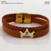 Burca Özel Taç Motifli Doğal Kahverengi Derili 14 Ayar Altın Plakalı Hediye Bileklik-467 thumbnail 1