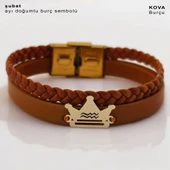 Doğum Ayına Özel 14 Ayar Altın Plakalı Taç Motifli Doğal Kahverengi Derili Hediye Bileklik-467 thumbnail 1