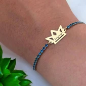 İsme Özel Taç Figürlü Mavi Taş Desenli Zincirli 14 Ayar Altın Plakalı Hediye Bileklik-466 thumbnail 3