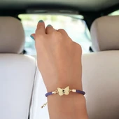 Sembole Özel Hakiki Mor Derili 14 Ayar Altın Plakalı Kelebek Motifli Hediye Bileklik-469 thumbnail 2