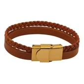 Harfe Özel 14 Ayar Altın Plakalı Taç Motifli Doğal Kahverengi Derili Hediye Bileklik-467 thumbnail 5