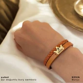 Burca Özel Taç Motifli Doğal Kahverengi Derili 14 Ayar Altın Plakalı Hediye Bileklik-467 thumbnail 2