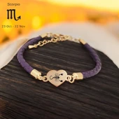 Burca Özel Kalp Figürlü Doğal Mor Derili 14 Ayar Altın Plakalı Hediye Bileklik-472 thumbnail 1