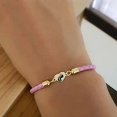 Sembole Özel Doğal Pembe Derili 14 Ayar Altın Plakalı Kalp Motifli Hediye Bileklik-473 thumbnail 2