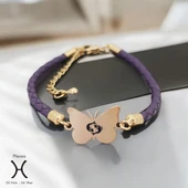 Burca Özel Kelebek Motifli Hakiki Mor Derili 14 Ayar Altın Plakalı Hediye Bileklik-469 - 1