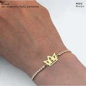 Burca Özel Taç Motifli Beyaz Taş Desenli Zincirli 14 Ayar Altın Plakalı Hediye Bileklik-471 thumbnail 3