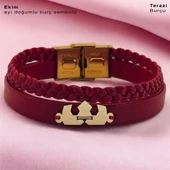 Doğum Ayına Özel 14 Ayar Altın Plakalı Taç Figürlü Koyu Kırmızı Derili Hediye Bileklik-470 thumbnail 1