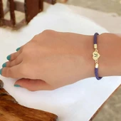 Harfe Özel 14 Ayar Altın Plakalı Kalp Figürlü Doğal Mor Derili Hediye Bileklik-472 thumbnail 2