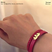 Burca Özel Taç Figürlü Koyu Kırmızı Derili 14 Ayar Altın Plakalı Hediye Bileklik-470 thumbnail 3