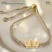 Doğum Ayına Özel Zincirli 14 Ayar Altın Plakalı Taç Motifli Beyaz Taş Desenli Hediye Bileklik-471 thumbnail 1