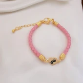 Sembole Özel Doğal Pembe Derili 14 Ayar Altın Plakalı Kalp Motifli Hediye Bileklik-473 thumbnail 1
