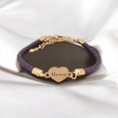 İsme Özel Kalp Figürlü Doğal Mor Derili 14 Ayar Altın Plakalı Hediye Bileklik-472 thumbnail 1