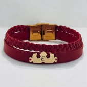 Harfe Özel 14 Ayar Altın Plakalı Taç Figürlü Koyu Kırmızı Derili Hediye Bileklik-470 thumbnail 1