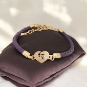 Sembole Özel Doğal Mor Derili 14 Ayar Altın Plakalı Kalp Figürlü Hediye Bileklik-472 thumbnail 1