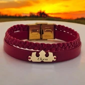 İsme Özel Taç Figürlü Koyu Kırmızı Derili 14 Ayar Altın Plakalı Hediye Bileklik-470 thumbnail 1