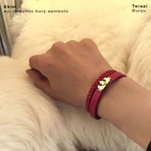 Doğum Ayına Özel 14 Ayar Altın Plakalı Taç Figürlü Koyu Kırmızı Derili Hediye Bileklik-470 thumbnail 2