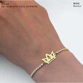 Doğum Ayına Özel Zincirli 14 Ayar Altın Plakalı Taç Motifli Beyaz Taş Desenli Hediye Bileklik-471 thumbnail 3