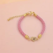 Harfe Özel 14 Ayar Altın Plakalı Kalp Motifli Doğal Pembe Derili Hediye Bileklik-473 thumbnail 1