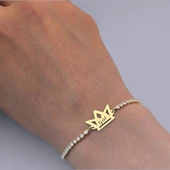 İsme Özel Taç Motifli Beyaz Taş Desenli Zincirli 14 Ayar Altın Plakalı Hediye Bileklik-471 thumbnail 3