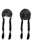 Wednesday Addams Karakter Peruk – 61 cm Uzunluk, Isıya Dayanıklı Sentetik Örgülü Saç, Doğal Siyah, Halloween & Parti Kostüm Peruğu - 1
