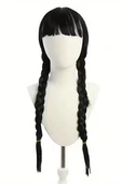 Wednesday Addams Karakter Peruk – 61 cm Uzunluk, Isıya Dayanıklı Sentetik Örgülü Saç, Doğal Siyah, Halloween & Parti Kostüm Peruğu - 5