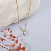 14 Ayar Mikron Altın Kaplama Zarif ve Şık Kalp Tek Taşlı Gümüş Kolye - CNS00660 thumbnail 1