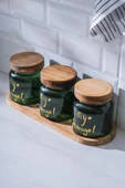 Acar 7937 Pierre 3 Lü Akasya Ahşap Kapak ve Tepsili Kavanoz Seti 12 Cm - Dark Green - 1